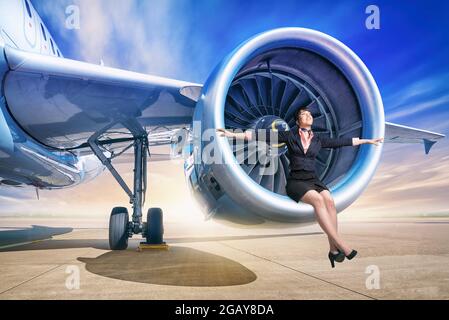 Junge Frau, die in einem Jet-Motor sitzt Stockfoto