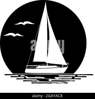 Schwarz-weiße Abbildung des Segelbootes isoliert auf weißem Hintergrund. Wasser, Vögel, Sonne, Silhouetten. Logo. Stock Vektor
