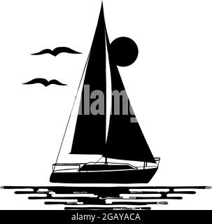 Schwarz-weiße Abbildung des Segelbootes isoliert auf weißem Hintergrund. Wasser, Vögel, Sonne, Silhouetten. Logo. Stock Vektor