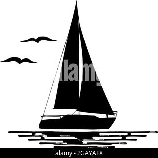 Schwarz-weiße Abbildung des Segelbootes isoliert auf weißem Hintergrund. Wasser, Vögel, Sonne, Silhouetten. Logo. Stock Vektor
