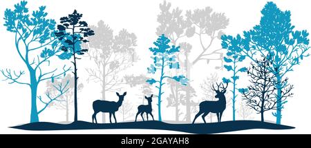 Blau und grau Satz von Bäumen in verschiedenen Formen und Größen, Hirsch, Rehe, Rehkitz. Bürste. Silhouetten von Wald und Tieren. Abbildung isoliert auf weißem BA Stock Vektor