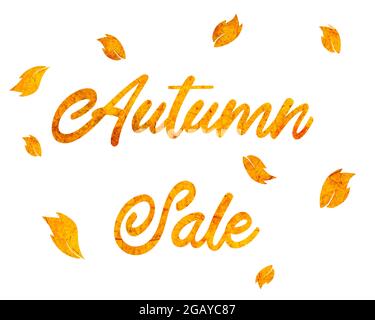 Herbstverkauf Zeichen aus Herbstblättern auf weißem Hintergrund Stockfoto