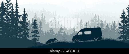 Horizontales Banner. Van Life. Van auf Wiese im Wald, neugieriger Fuchs. Silhouette von Bäumen, Gras. Magische neblige Landschaft, Nebel. Blau und grau illustriert Stock Vektor