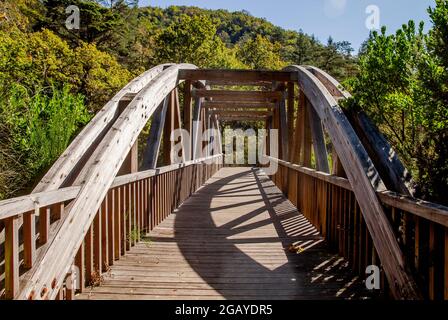 Holzfußbrücke in Mata da Albergaria, Nationalpark Peneda Geres, Portugal Stockfoto