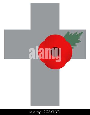 Steinkreuz mit rotem Mohn. Grabstein des Friedhofs. Memory Symbol Minimale Vektordarstellung für Remembrance Day, Anzac Day. Isoliert auf weißem Hintergrund Stock Vektor