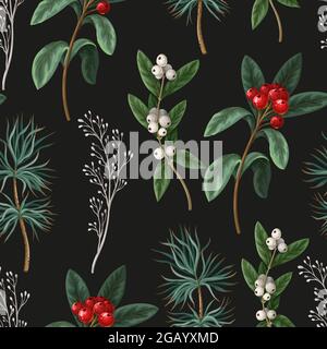 Nahtloses Muster mit botanischen Kiefern und Hollybeeren. Weihnachten Hintergrund. Stock Vektor