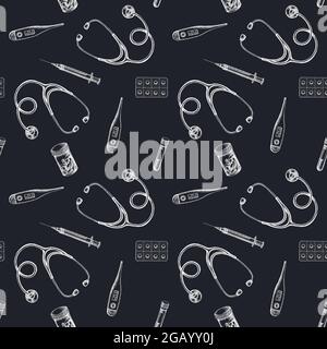 Nahtloses Muster mit handgezeichneter Kreideflasche mit Blut, Pillen und Medikamenten, medizinischem Thermometer, Stethoskop, Spritze Stock Vektor