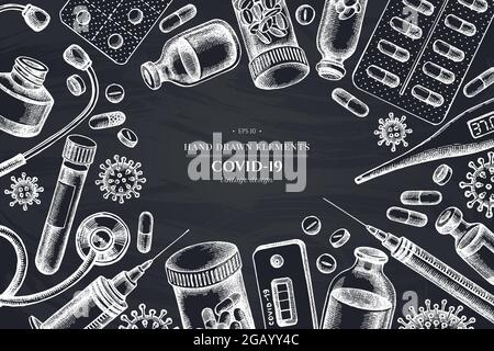 Monochromes Design mit Kreidefläschchen mit Blut, Pillen und Medikamenten, medizinischem Thermometer, Coronavirus-Schnelltest, Coronavirus-Bakterienzelle, Stethoskop Stock Vektor