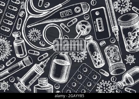 Monochromes Design mit Kreidefläschchen mit Blut, Pillen und Medikamenten, medizinischem Thermometer, Coronavirus-Schnelltest, Coronavirus-Bakterienzelle, Stethoskop Stock Vektor