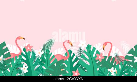 Horizontal wiederholtes Muster mit tropischen Pflanzen, Blumen und rosa Flamingos. Sommerhintergrund mit grünen Palmenblättern. Einfaches Hintergrundbild, Vektor Stock Vektor