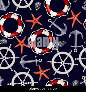 Nahtloses Muster mit Seesternen, Ankern, Muscheln und Rettungsschwimmern. Vektor. Stock Vektor