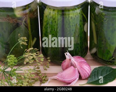 Selbstgemachte eingelegte Gurken in einem Glas. Nahaufnahme. Stockfoto
