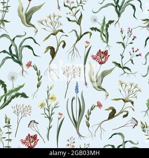 Nahtloses Muster mit wilden dünnen Blüten. Trendiger botanischer Druck. Stock Vektor