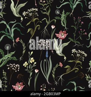 Nahtloses Muster mit wilden dünnen Blüten. Trendiger botanischer Druck. Stock Vektor