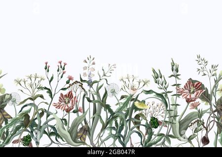 Grenze mit wilden dünnen Blumen und Insekten. Trendiger botanischer Druck. Stock Vektor