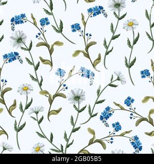 Nahtloses Muster mit Kamillen. Trendiger Druck mit Wildblumen. Stock Vektor
