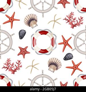 Nahtloses Muster mit Seesternen, Ankern, Muscheln und Rettungsschwimmern. Vektor. Stock Vektor