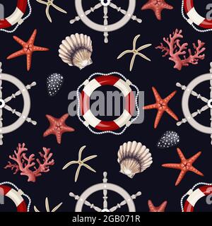 Nahtloses Muster mit Seesternen, Ankern, Muscheln und Rettungsschwimmern. Vektor. Stock Vektor