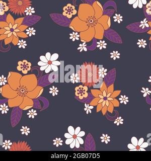 Nahtloses Muster mit schlichten Blüten. Hippie-Hippie mit Blumendruck der 60er Jahre. Stock Vektor