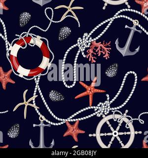 Nahtloses Muster mit Seesternen, Ankern, Muscheln und Rettungsschwimmern. Vektor. Stock Vektor