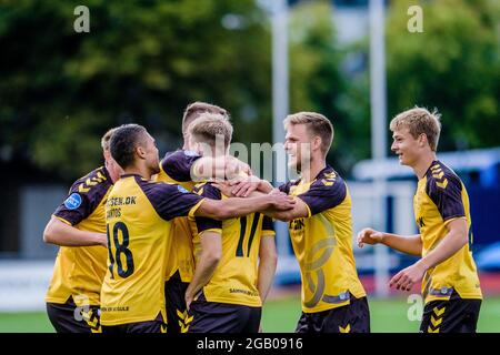 Kopenhagen, Dänemark. 31. Juli 2021. Casper Tengstedt (17) von AC Horsens punktet beim NordicBet Liga-Spiel zwischen Fremad Amager und AC Horsens im Sundby Idraetspark in Kopenhagen. (Foto: Gonzales Photo - Robert Hendel). Stockfoto