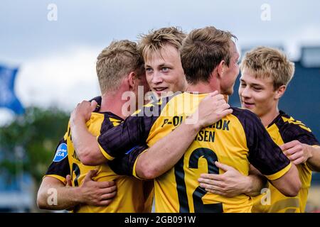 Kopenhagen, Dänemark. 31. Juli 2021. Casper Tengstedt (17) von AC Horsens punktet beim NordicBet Liga-Spiel zwischen Fremad Amager und AC Horsens im Sundby Idraetspark in Kopenhagen. (Foto: Gonzales Photo - Robert Hendel). Stockfoto