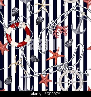 Nahtloses Muster mit Seesternen, Ankern, Muscheln und Rettungsschwimmern. Vektor. Stock Vektor