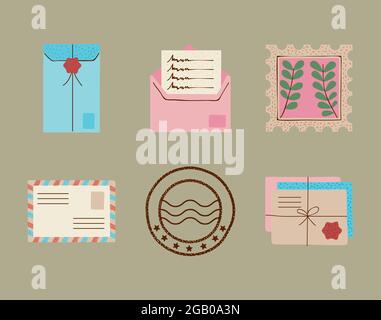 Sechs Symbole für Postdienste Stock Vektor