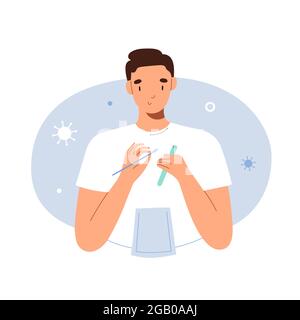 Junger Mann, der sich zu Hause mit Nasenabstrich auf Covid-19 testet, Proben sammelt, PCR-Schnelltest auf Coronavirus-Infektion, Vektorkarton Stock Vektor