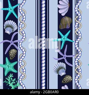 Nahtloses Muster mit Seesternen, Muscheln und Seil. Vektor-Trenddruck. Stock Vektor