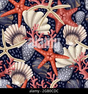 Nahtloses Muster mit roten Seesternen, Muscheln und Korallen. Vektor-Trenddruck. Stock Vektor
