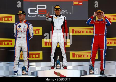 Ocon Esteban FRA Art Grand prix GP3 Podium Ambiance Ghiotto Luca ITA Dreizack Podium Ambiance Bernstorff Emil GBR arden international während der GP3 Series 2015, vom 8. Bis 9. Mai 2015 in Barcelona, Spanien. Foto Gregory Lenormand / DPPI Stockfoto