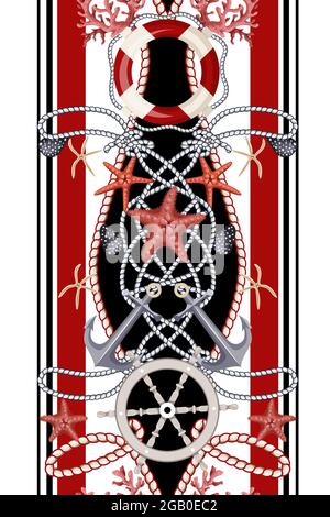 Grenze mit Seesternen, Ankern, Muscheln und Rettungsbojen. Vektor. Stock Vektor