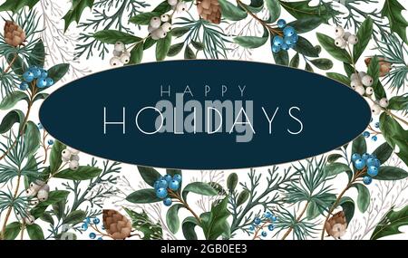 Weihnachtskarte oder Poster mit botanischen Beeren, Kiefern und Blättern. Stock Vektor