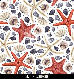 Nahtloses Muster mit roten Seesternen, Muscheln und Korallen. Trend-Vektorgrafik. Stock Vektor