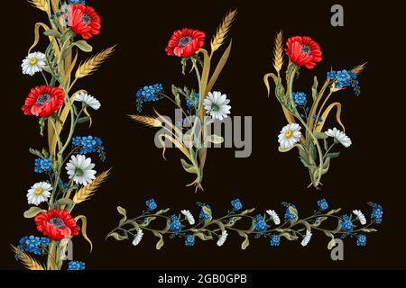 Blumensträuße mit botanischen Blumen wie Mohnblumen, Kamille, Weizenohr und Rand. Stock Vektor