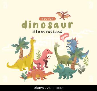 Sammlung von fröhlichen und bunten Geschichte dinosuar Zeichen. Vektorgrafik. Stock Vektor