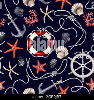 Nahtloses Muster mit Seesternen, Ankern, Muscheln und Rettungsschwimmern. Vektor. Stock Vektor