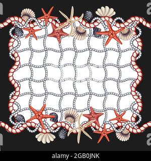 Design Schal mit Seesternen, Muscheln und Seil. Vektor-Trenddruck. Stock Vektor