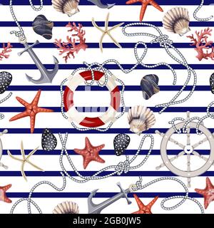 Nahtloses Muster mit Seesternen, Ankern, Muscheln und Rettungsschwimmern. Vektor. Stock Vektor