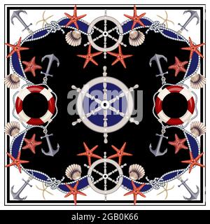 Design Schal mit Seesternen, Ankern, Muscheln und Rettungsschwimmern. Vektor. Stock Vektor