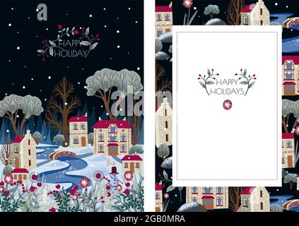 Grußkarte oder Poster mit Weihnachtsstadt. Verschneite Stadt mit Fluss und Bäumen. Stock Vektor