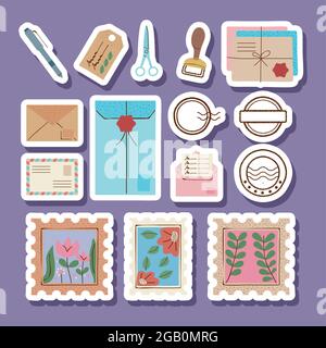 Fünfzehn Symbole für Postdienste Stock Vektor