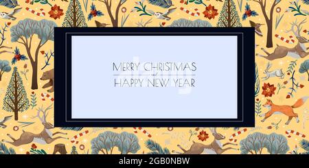 Grußkarte oder Poster mit Bäumen und Tieren. Vektorurlaub Hintergrund zum Drucken. Stock Vektor