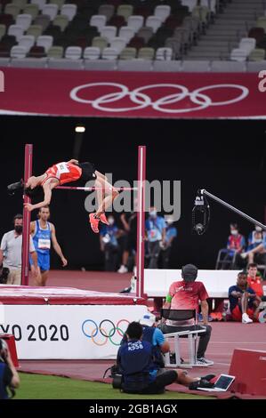 Tokio, Japan. August 2021. Naoto Tobe (JPN), 1. August 2021 - Leichtathletik : Hochsprung der Männer während der Olympischen Spiele 2020 in Tokio im Nationalstadion in Tokio, Japan. Kredit: Itaru Chiba/AFLO/Alamy Live Nachrichten Stockfoto