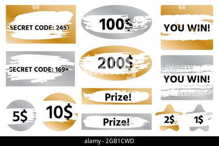 Rubbelkarten Spiel gewinnen Form gesetzt Symbole auf weißem Hintergrund isoliert. Vektorobjekte Stern, Herz, Rechteck, Quadrat, Oval, Kreisförmige Pinselstreichstruktur. Lotterie Glück verlieren gewinnen Ticket Text Stock Vektor