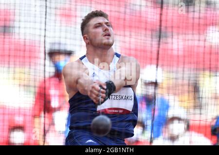 Tokio, Japan. Kredit: MATSUO. August 2021. FRANTZESKAKIS Christos (GRE) Leichtathletik : Hammerwurf-Qualifikation der Männer während der Olympischen Spiele 2020 in Tokio im Nationalstadion in Tokio, Japan. Kredit: MATSUO .K/AFLO SPORT/Alamy Live Nachrichten Stockfoto