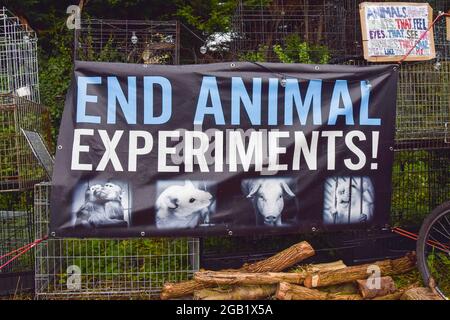 Huntingdon, Großbritannien. August 2021. Ein „Ende Der Tierversuche!“ Während der MBR Acres-Proteste in Huntingdon, Cambridgeshire, hängt ein Banner an leeren Käfigen. Tierschutzaktivisten versammelten sich vor dem Beagle-Brutplatz von MBR Acres, um die Freilassung von 2000 Beagles zu fordern, von denen die Demonstranten behaupten, dass sie für grausame Experimente aufgezogen werden. Dutzende von Aktivisten haben auch außerhalb des Geländes ein langfristiges Camping eingerichtet, um das Unternehmen unter Druck zu setzen, die Hunde freizulassen und die Anlagen zu schließen. Kredit: SOPA Images Limited/Alamy Live Nachrichten Stockfoto