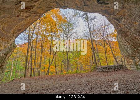 Blick auf die Herbstfarben aus einer Höhle im Hungered Rock State Park in Illinois Stockfoto