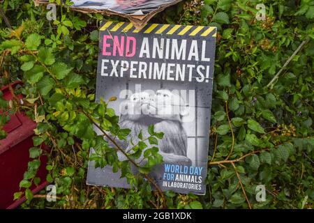 Huntingdon, Großbritannien. August 2021. Ein „Ende Der Tierversuche!“ Das Plakat ist während des MBR Acres-Protests in Huntingdon, Cambridgeshire, zu sehen. Tierschutzaktivisten versammelten sich vor dem Beagle-Brutplatz von MBR Acres, um die Freilassung von 2000 Beagles zu fordern, von denen die Demonstranten behaupten, dass sie für grausame Experimente aufgezogen werden. Dutzende von Aktivisten haben auch außerhalb des Geländes ein langfristiges Camping eingerichtet, um das Unternehmen unter Druck zu setzen, die Hunde freizulassen und die Anlagen zu schließen. (Foto: Vuk Valcic/SOPA Images/Sipa USA) Quelle: SIPA USA/Alamy Live News Stockfoto